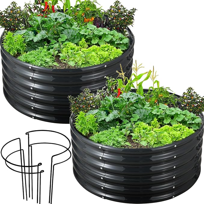 FORTUNO High Round Galvanized Raised Garden Bed Kit Box Dia 3 x H 1.5Ft (2 Pack) Metal Outdoor Flower Bed Steel Patio Ground Planter for Planting Vegetables and Herb, Dark Grey