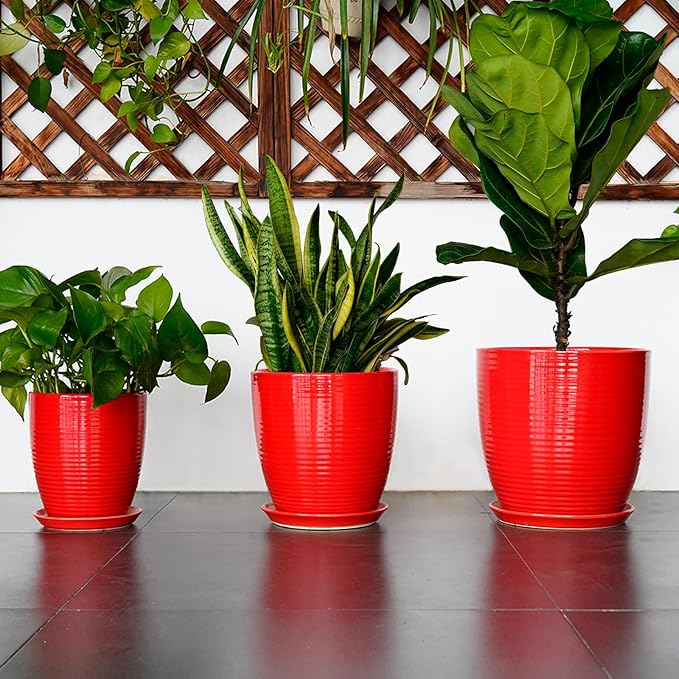 Ceramic Pot for Plants 12 Inch - Plant Pot Indoor with Drainage Hole and Saucer Round Large Planter for Outdoor Plants Mid Century Modern Flower Pot for Home Decor Red