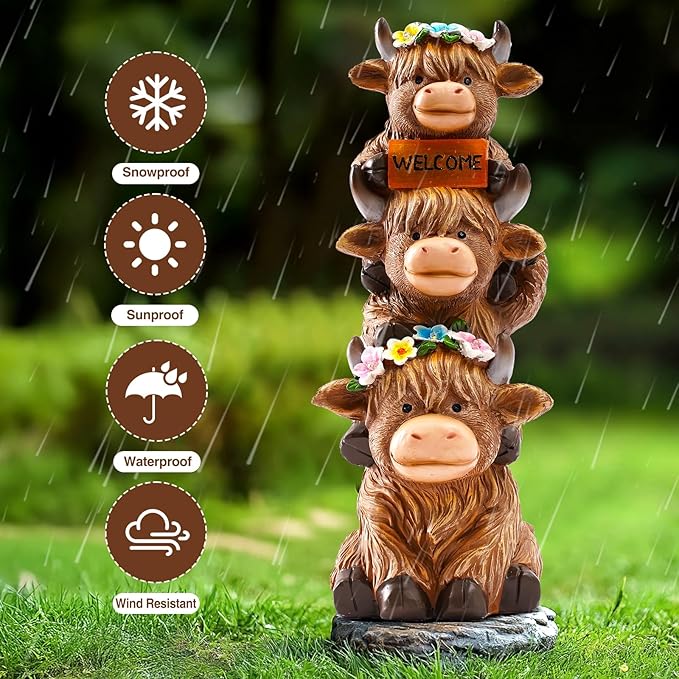 Garden Highland Cow Statue Solar Outdoor Decor with Flower Decoration Funny Triple Highland Cow Decor Birthday Gifts for Women Mom Highland Cows Figurine for Yard Garden Patio Lawn Ornaments