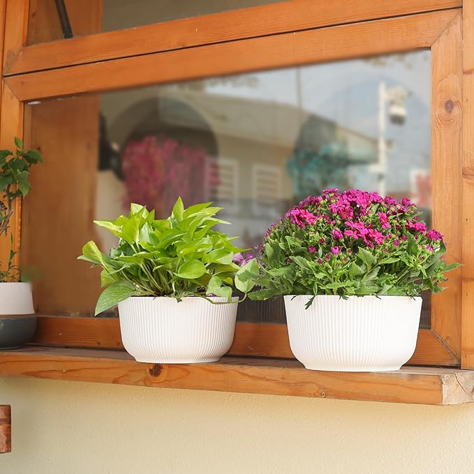 T4U 10 Inch Self Watering Pots for Indoor Plants, Plastic Plant Pots with Drainage Hole, Large Flower Pots for Indoor Outdoor Plants Cactus, Garden, Set of 2, White