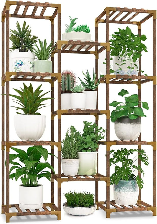HOMKIRT Plant Stand Indoor Outdoor, 11 Tier Reinforced Plant Shelf Tall for Multiple Plants, Large Wood Plant Rack Holder, Garden Shelves, Flower Stand for Living Room Patio Corner