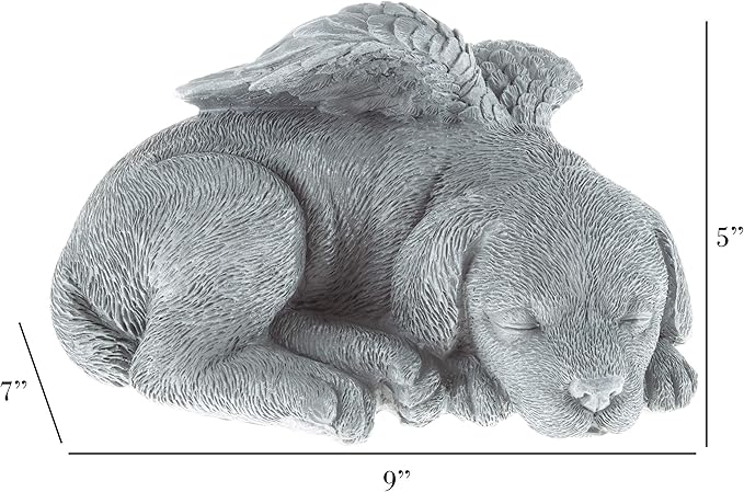 Pure Garden Sculpture Pet Memorial Statue, Sleeping Angel Dog, Stone Finish