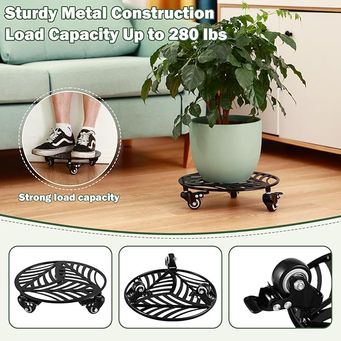 2 Packs Large Metal Plant Caddy with Wheels 13.6" and 12" Heavy-duty Wrought Iron Rolling Plant Stands with PU Metal Casters Indoor Outdoor Round Plant Pot Roller Base Planter Movers, Glossy Black