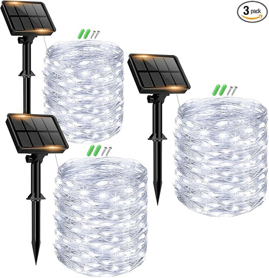 3 Pack Solar Fairy Lights for Outside Waterproof, 49FT/15M 150LED Solar String Light Outdoor 8 Modes Solar Twinkle Lights for Garden Yard Christmas Tree Wedding Party Decor, Cool White