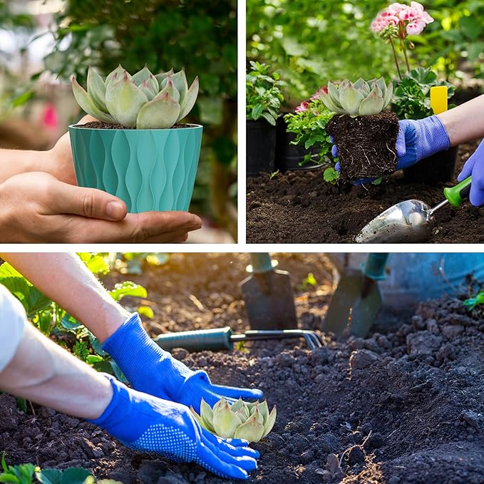 12 Pack 4 Inch Small Plant Pots with Saucers, 3D Textured Plastic Planters with Drainage Holes for Indoor and Outdoor Plants, Flowers, Herbs, Succulents, and Seedlings, Blue