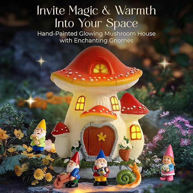 Solar Garden Gnome Statue Set – Magical Gnome Decor - Solar Light Mushroom House – Hand-Painted Resin Garden Decorations for Indoor & Outdoor – Weather-Proof Yard Ornaments - Unique Outdoor Gifts