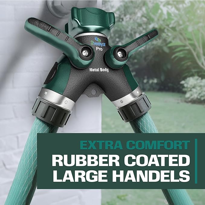 2WAYZ Hose Splitter 2 Way Heavy Duty - Outdoor Faucet and Garden Hose Splitter - Durable Water Spigot Splitter Y Adapter - All-Metal Water Hose Connector with Shut-Off Valve - 4 x 4 x 1.5 Inches