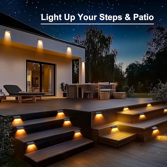 Solar Fence Lights Outdoor Waterproof IP65, 8 Pack Fence Lights Solar Powered 60 Lumens Auto On/Off Step Wall Lights Outside Decorations for Yard, Porch, Patio, Stairs, Pool, Deck, Garden- Warm Light