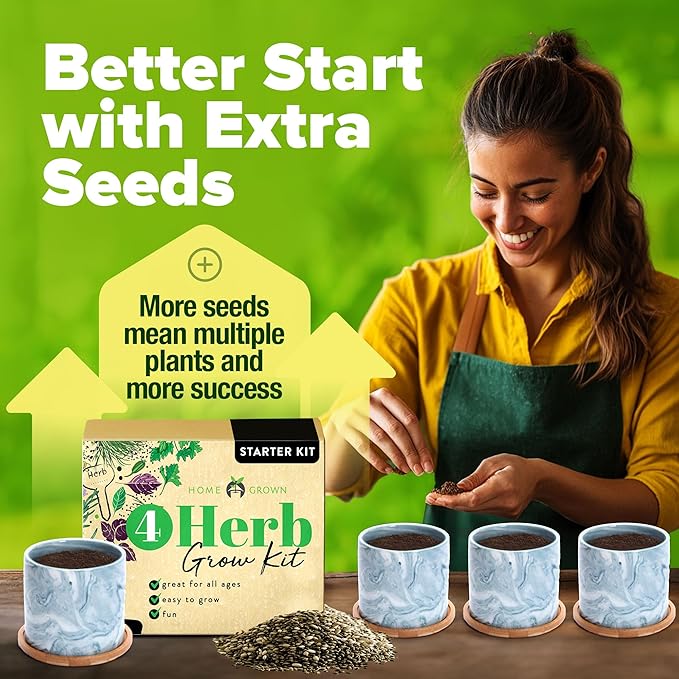 HOME GROWN Indoor Herb Gardening Kit w/Glazed Ceramic Pot - Unique Gift for Women, Mom, Gardeners, Friend, Her, Mother - Easy-to-Grow Kitchen Window Starter Set