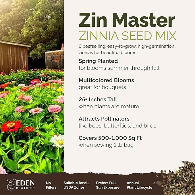 Eden Brothers Zin Master Flower Mixed Seeds for Planting, 1 lb, 480,000+ Seeds with California Giant, Mexican, Lilliput Zinnia | Attracts Pollinators, Plant in Spring, Zones 3, 4, 5, 6, 7, 8, 9, 10