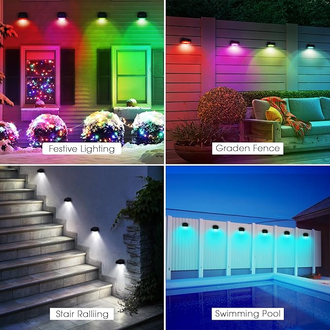 Solar Step Lights Outdoor Waterproof, 4 Pack RGB & 7 RGB Outdoor Solar Lights for Fence with 2 Lighting Modes, Solar Powered Deck Lights for Step Stairs Garden Yard