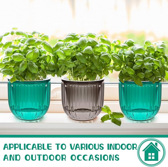 Meanplan 4 Pcs Self Watering Hanging Planter Indoor 6.5 Inch Hanging Baskets for Plants Outdoor Plastic Flower Pot with 3 Hooks Chains Drainage Holes for Garden Home, Medium Size(Emerald, Gray)