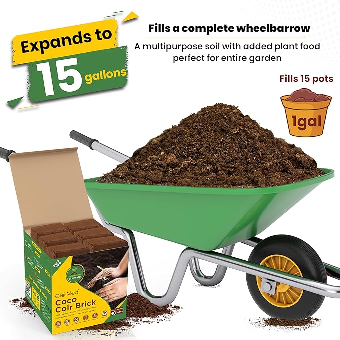 Gro-Med Coco Coir Brick 6s Pack – 1.4 lb Each,Expands to 60 Quarts, Enriched with NPK, Organic Potting Soil Mix for Plants, Seed Starting,Herbs,Flowers and Ideal Reptile Bedding for Snakes & Terrarium