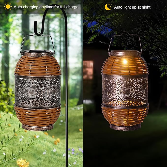 2 Pack Solar Lanterns Outdoor,Rattan with Metal Decorative Garden Hanging Lanterns Waterproof Christmas Gifts for Women LED Light with Handle for Table,Patio,Pathway,Pergolas,Tree,Yard,Fence,Hook