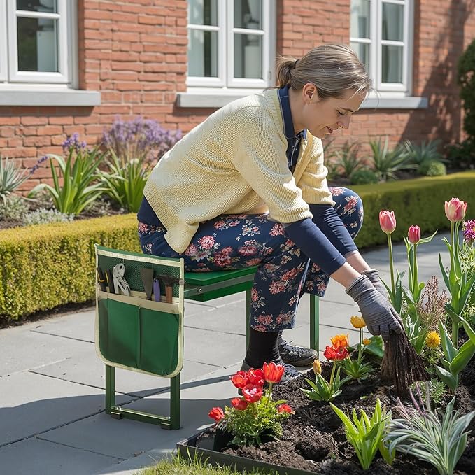 Garden Kneeler and Seat 10.2" Width, Garden Stool Load Cap 350 lbs, Garden Tools with Bags, Gardening for Women, Grandparents, Seniors, and Gardeners, Green JJ01GK02