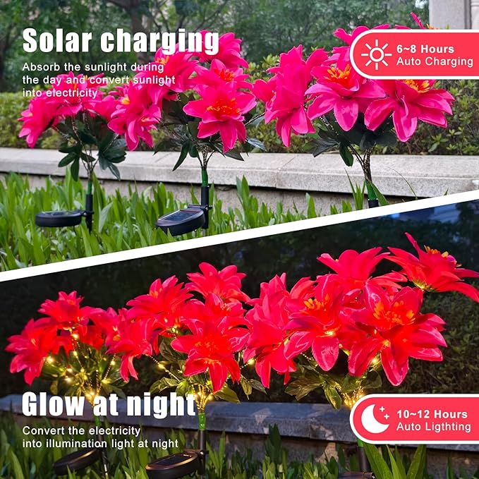 Neporal Solar Flowers Outdoor Waterproof Pink, 4PK 7-Stem Garden Solar Lights Decorative, 2 Lighting Modes, Solar Powered Garden Decor, Solar Yard Decor