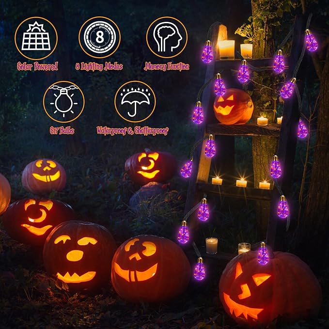 Orange & Purple Solar Halloween Lights Outdoor, 20Ft Black Hemp Rope Halloween String Lights, Waterproof Orange Purple Lights with 8 Modes 16 Shatterproof Bulbs for Patio, Yard, Party, Halloween Decor