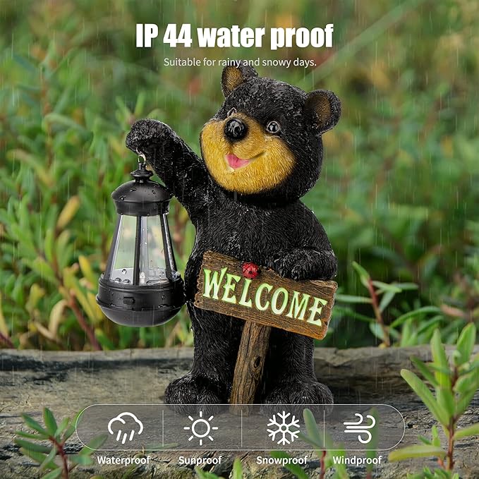 Juegoal Garden Bear Statue with Solar LED Lantern, Luminous Welcome Sign, Gifts for Mom Yard Art, Whimsical Figurine Large Sculpture Lighted Outdoor Mother's Day Spring Decorations for Lawn, Porch