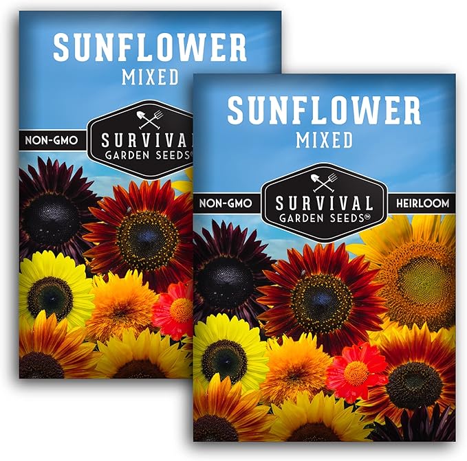 Survival Garden Seeds - Mix of Popular Sunflower Seeds for Planting - 2 Packs with Instructions to Grow Beautiful Flowers in Your Home Vegetable or Flower Garden - Non-GMO Heirloom Varieties