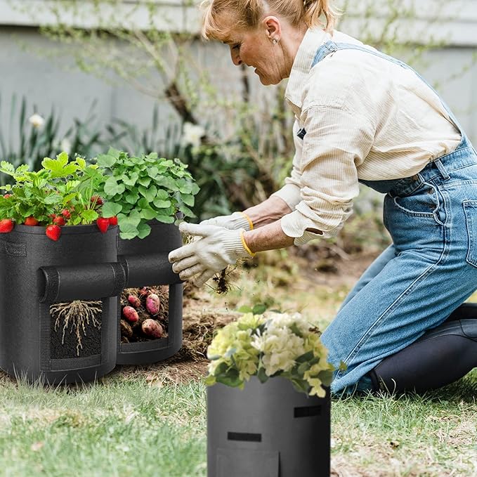 6 Pack 10 Gallon Potato Grow Bags, Heavy Duty Nonwoven Fabric Garden Planting Bag Plant Container with Flap and Handles, Aeration Fabric Pots for Growing Vegetable, Fruits and Flowers
