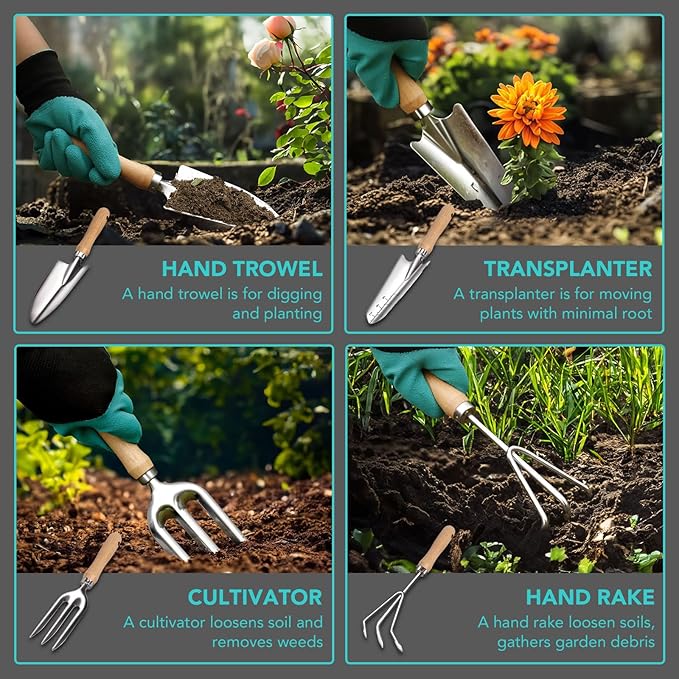 Gardening Tools 14-Piece Heavy Duty Gardening Hand Tools with Fashion and Durable Garden Tools Organizer Handbag,Rust-Proof Garden Tool Set