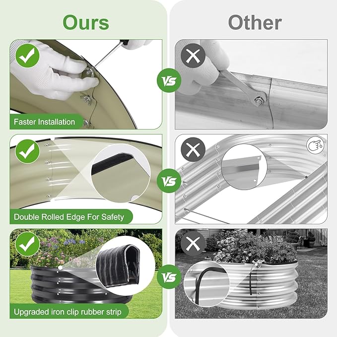 Galvanized Raised Garden Bed- 2Pcs 3x3x1FT Metal Planter Boxes Outdoor | Round Steel Raised Bed Kit & Fire Pit Ring for Gardening with Protective Tape, Gloves for Vegetables, Flower (Grey)