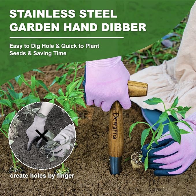 Dibber Garden Tool, Stamped Stainless Steel Tip Seed Dibber, Smooth Splinter-Free T-Shape Wood Handle Dibbler with Comfortable Grip, 11-Inch Dibber for Planting Seed and transplanting seedling