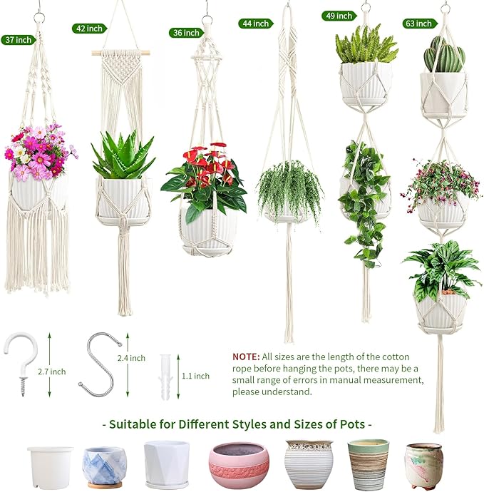 Macrame Plant Hangers, 6Pack Hanging Planters for Indoor Plants w/ 6 Set Hangers Kit Handmade Macromay Plant Hangers Indoor Flower Pots Holder Stand for Boho Home Décor (POTS NOT Included)