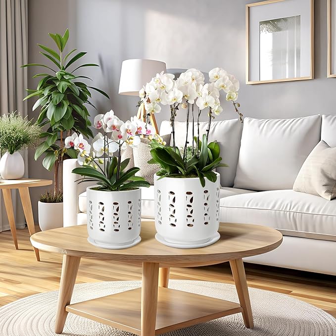 Ceramic Orchid Pots with Holes, 5 Inch+6 Inch Orchid Planter with Drainage Holes and Tray, Indoor Flower Pot for Repotting Orchids, Elegant White Glaze
