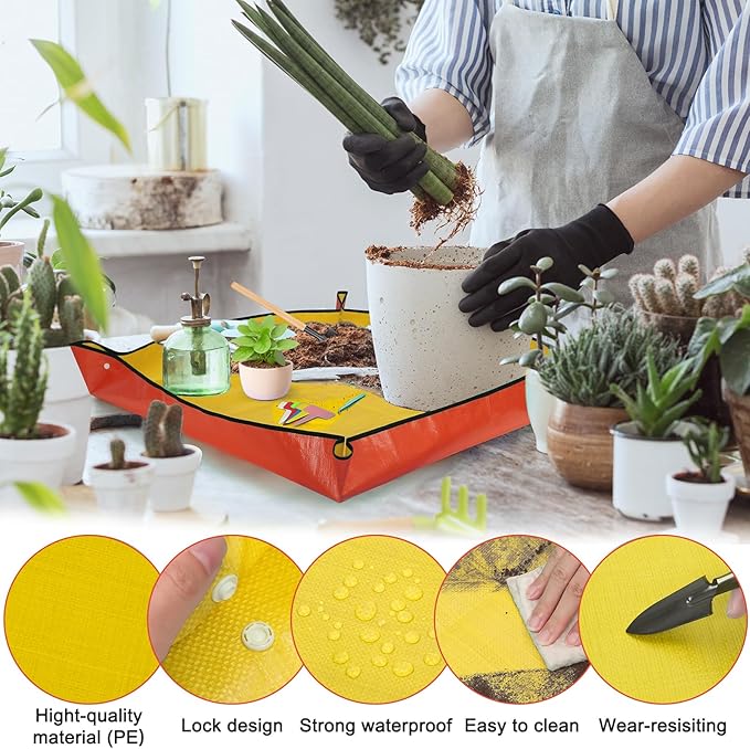2Pcs Repotting Mat for Plant Transplanting, 39'' Gardening Mat and 26'' Orange Potting Mat for Indoor, Thicker Potting Tray with Plant Accessories Foldable Waterproof Planting Mat for Plant Lovers