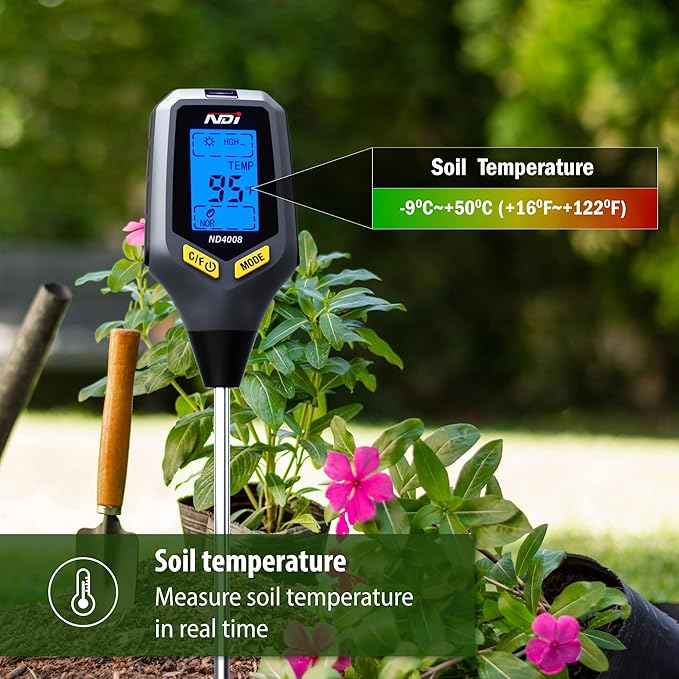 NDI Soil Moisture Meter,5-in-1 Soil Test Kit Tool with Moisture,Light,PH,Temperature and Salinity for Gardening, Farm, Lawn, Indoor & Outdoor Plants.