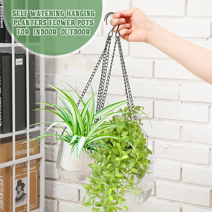 Maxcheck 4 Pcs Self Watering Hanging Planters Indoor 6.5'' 4.5'' Hanging Flower Pots Baskets Outdoor Self Watering Hanging Plant with 3hooks Drainage Holes for Home(Transparent)