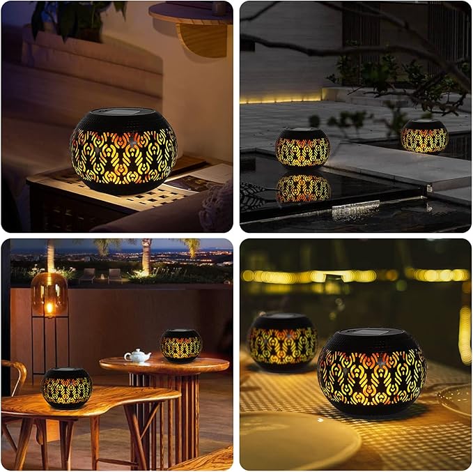 Solar Table Light Outdoor Waterproof - Solar Powered LED Lamp Dancing Flickering Flame,Hollowed-Out Black Peacock Feather Metal Desktop Decorative Lantern for Desk Patio Garden Pathway Yard
