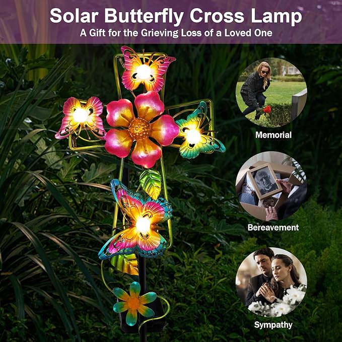 Solar Cross Garden Lights, Solar Butterfly Stake Lights Cemetery Decorations for Grave, Jesus Cross Sympathy Memorial Gifts for Mother Grandma, Metal Garden Art for Yard Lawn Patio Decor