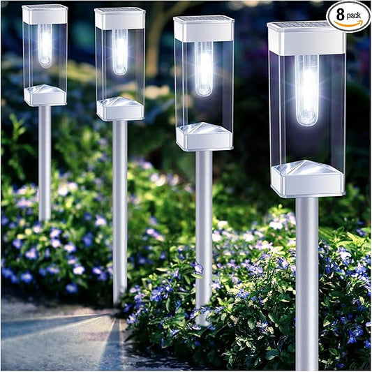 Solar Pathway Lights 8 Pack Solar Outdoor Lights with LED Tungsten Filament Bulb Waterproof Stainless Steel Garden Lighting for Outside Driveway Landscape Lawn Path Christmas (White)