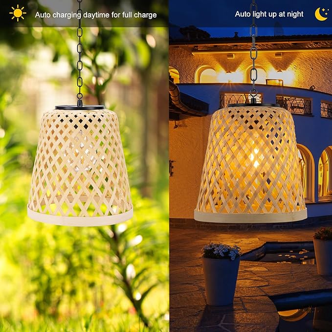 2-Pack Bamboo Woven Outdoor Chandelier Small Hanging Rattan Solar Pendant Lights Modern Retro Boho Pendant for Gazebo Yard Porch Patio Garden Backyard Decor