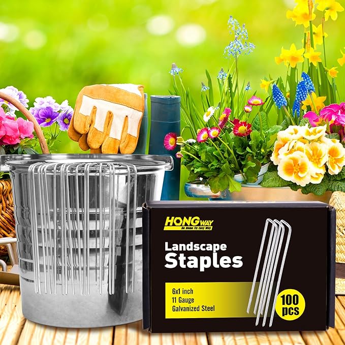 HongWay 100 Pack 6 Inch Landscape Staples Garden Stakes, Garden Staples 11 Gauge Galvanized U-Shaped Pins, Ground Fence Stakes Yard Lawn Staples for Securing Landscaping Fabric Irrigation Tubing