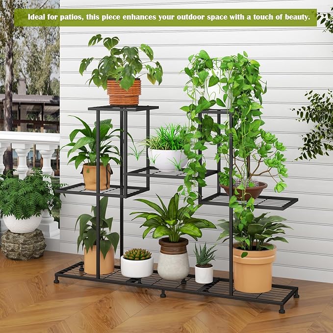 Metal Plant Stand, 5 Tiers Multifunctional Plant Stands for Indoor Plants, Decorative Black Steel Plant Shelf for Indoor Patio Garden Balcony and Yard (4 tiers 12 pots)