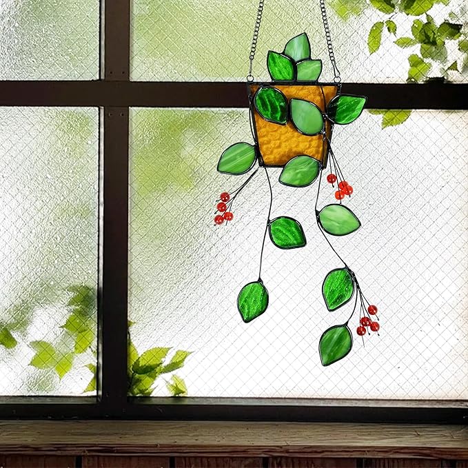 Royxen Stained Glass Window Hanging, Sun Catcher, Suncatchers for Windows Hanging, Green Plants with Yellow Pot