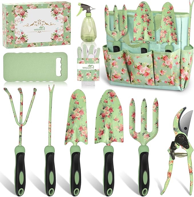 Gardening Tools, WisaKey 10 Piece Heavy Duty Garden Tools Set with Handle, Durable Fashion Garden Tool Organizer Handbag, Ideal Gardening Hand Tools, Gardening Gifts for Women Grandmother Granny