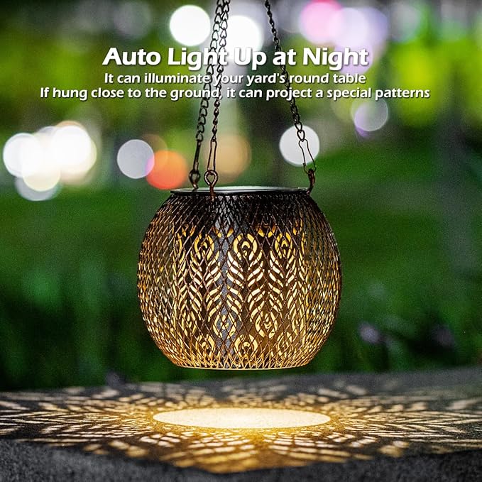 LeiDrail Solar Lantern Outdoor Waterproof Hanging Solar Lights, Metal Patio Decor for Outside Gifts for Women Men Feather Pattern Decorative LED Lanterns for Yard Lawn Pathway Garden Decor 2 Pack