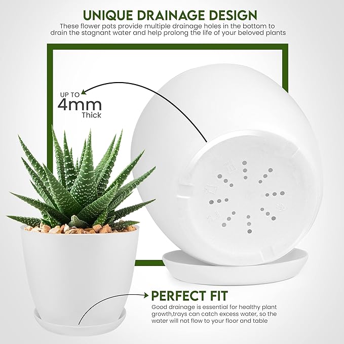 Utopia Home - Plant Pots Indoor with Drainage - 7/6.6/6/5.3/4.8 Inches Flower Pots for Indoor Planter - 5 Pack Plastic Planters - Ideal for Stocking Stuffers or Home Christmas Decorations - White