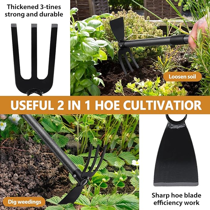 Hoe Garden Tool, Hoe Cultivator 2 in 1 Weeding Tools - 45" Long Handle Stand Up Weeder Hand Tiller, Heavy Duty Weeding Rake for Flower Beds Yard Lawn Gardening Digging Planting