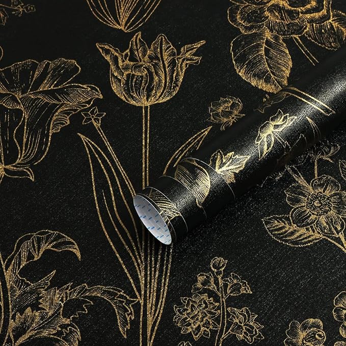 Dimoon 393"x17.3" Floral Wallpaper Peel and Stick Flowers Golden Black Contact Paper Thicken Waterproof Modern Self Adhesive Plants Wallpaper Removable Wall Paper Shelf Vinyl Roll
