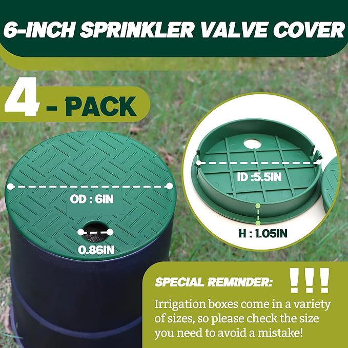 4 Pack - Sprinkler Valve Cover for Outside, 5.5" ID 6" OD Irrigation Valve Box Cover, Sprinkler Box Covers for Protection of Irrigation Systems, Green