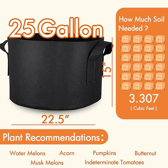 Gardzen 6-Pack 25 Gallon Grow Bags, Aeration Fabric Pots with Handles, Heavy Duty Cloth Pots for Plants