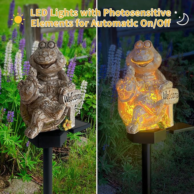 QH & Garden 2-Pack Squirrel and Turtle Garden Statues Decor，LED Waterproof Animals Lights for Garden, Balcony, Yard, Lawn, Pathway, Walkway - Garden Solar Powered Outdoor Decor