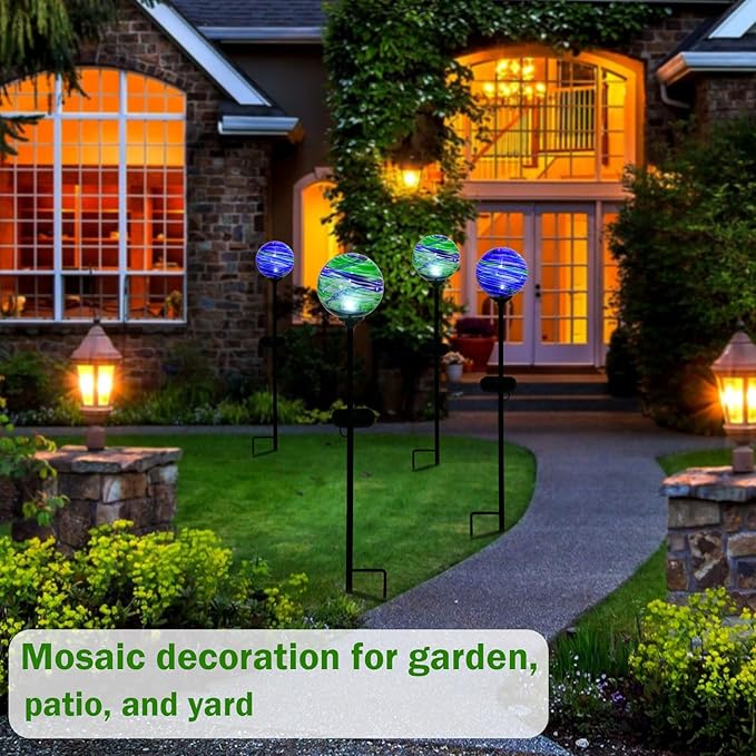 Solar Outdoor Decorative Lights Color Swirl Solar Garden Stake Glaze Glass LED Solar Garden Globe Lights Outdoor Decorative Lights for Pathway Yard Lawn Decoration 2 Pack Blue&Green