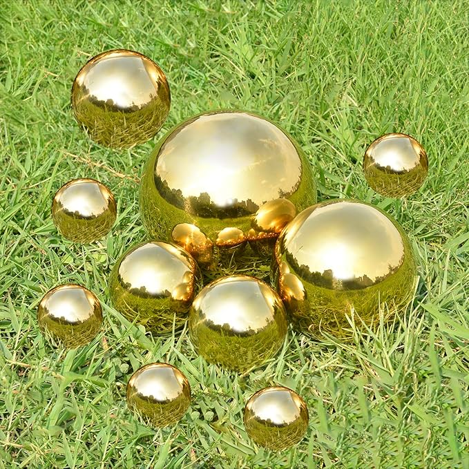 Nerien Gazing Ball, Stainless Steel Garden Mirror Globe, Polished Ornament Sphere, Hollow Floating Reflective Hemisphere, for Home Outdoor Pond Housewarming Swimming Pool Decoration, Gold, 10Pcs