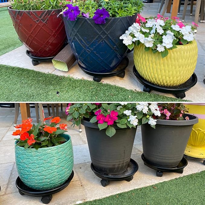4 Packs Plant Caddy with Wheels 11.8" Plastic Rolling Plant Stands Heavy-duty Plant Dolly with Casters Indoor Outdoor Wheeled Plant Roller Base Large Planter Saucers Plant Mover, Black